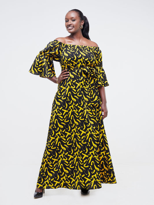 Vivo Tana Off Shoulder Maxi Dress - Black / Yellow Abstract Print