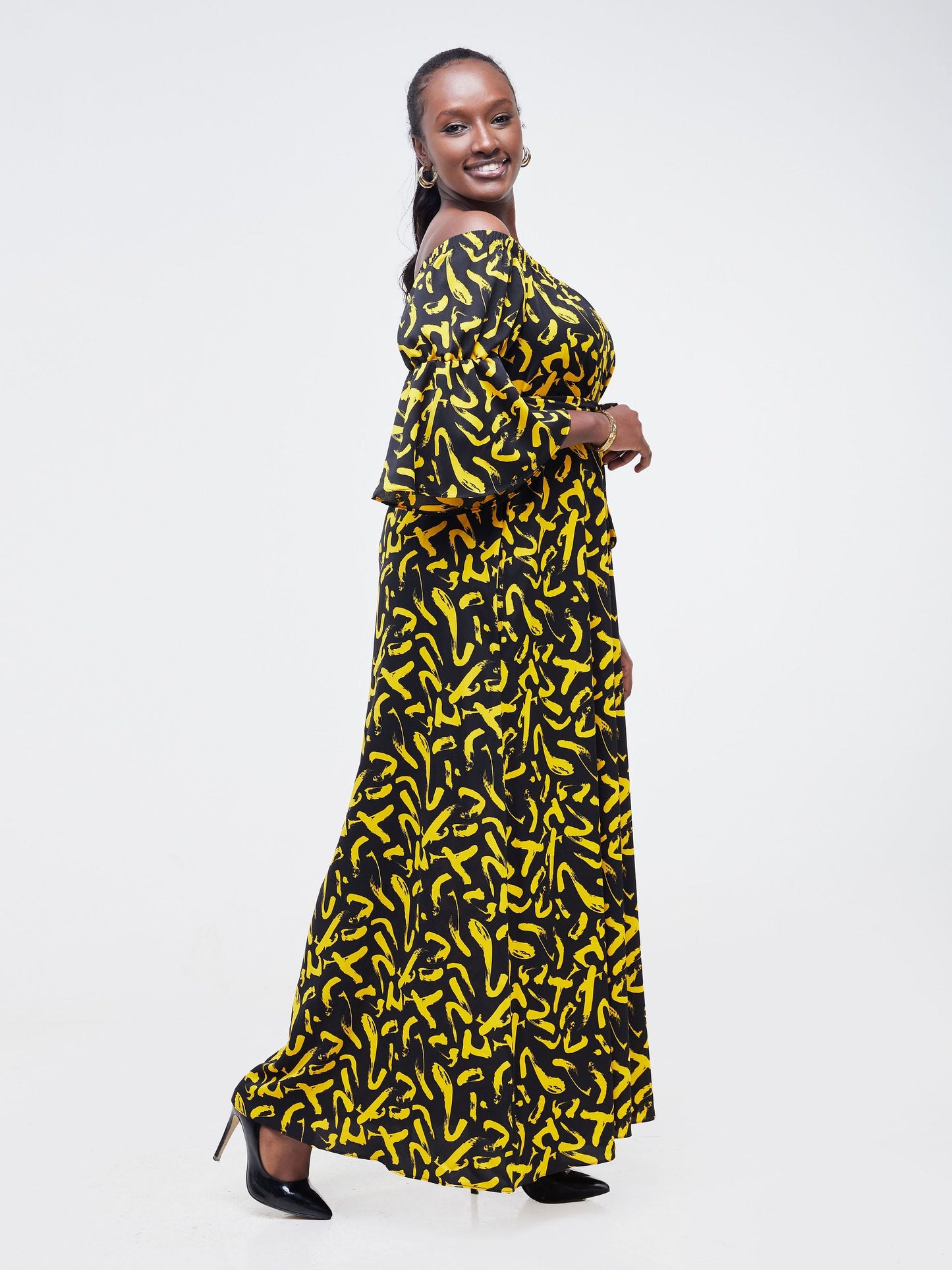 Vivo Tana Off Shoulder Maxi Dress - Black / Yellow Abstract Print