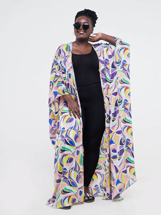 Vivo Muna Satin Kimono - Purple / Multicolor Abstract Print