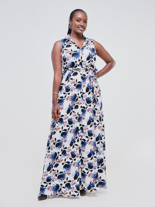 Vivo Zuri Sleeveless Tent Maxi Dress - Royal Blue / Black Floral Print