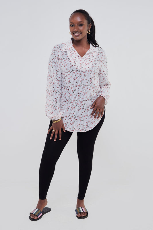 Vivo Sana Bishop Sleeve Top - White / Pink Floral Print