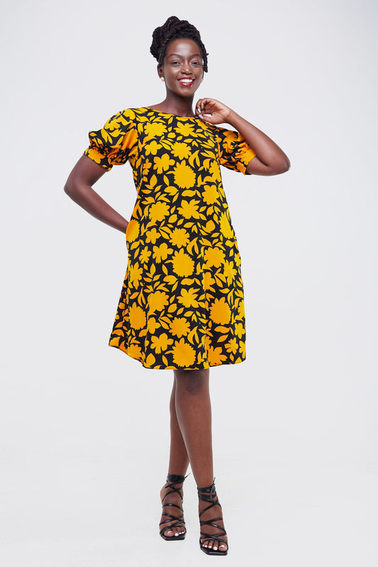 Vivo Wingu Puff Sleeve Knee Length Dress - Orange / Black Animal Print