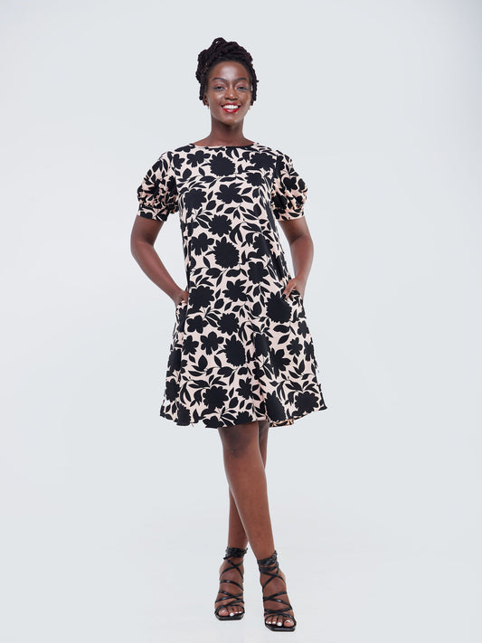 Vivo Wingu Puff Sleeve Knee Length Dress - Peach / Black Floral Print