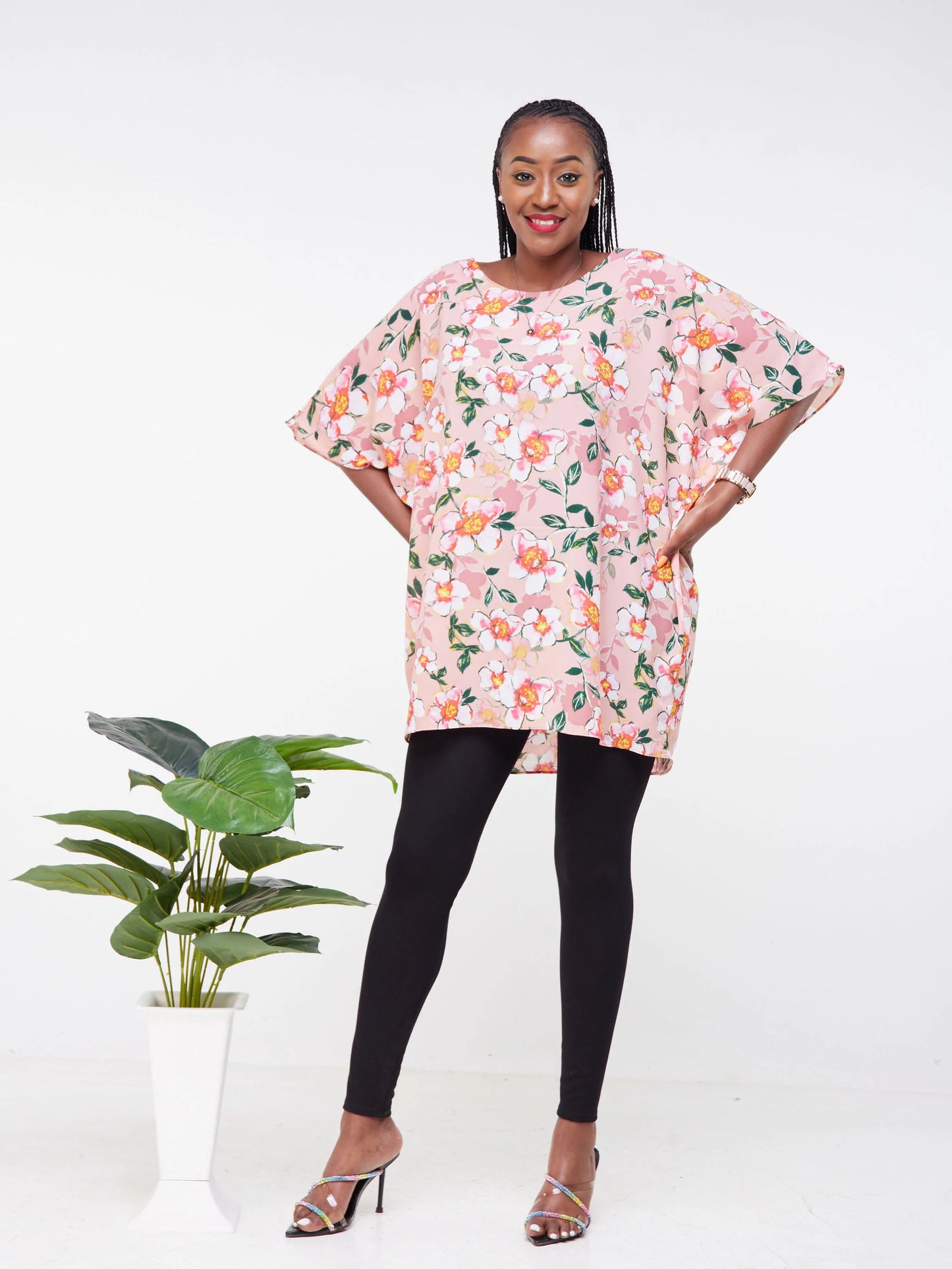 Vivo Maisha Dolman Top - Peach / Green Floral Print