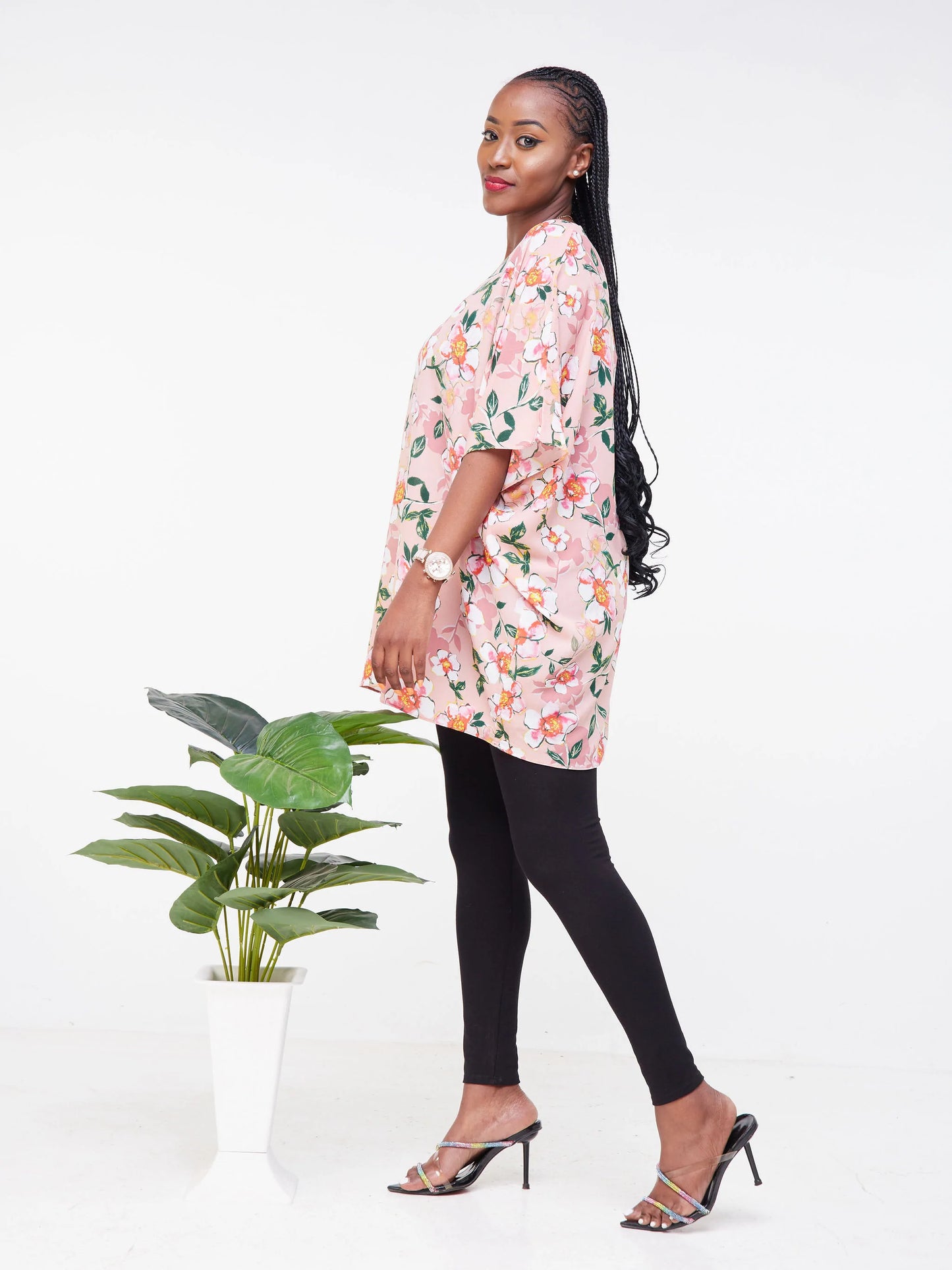 Vivo Maisha Dolman Top - Peach / Green Floral Print
