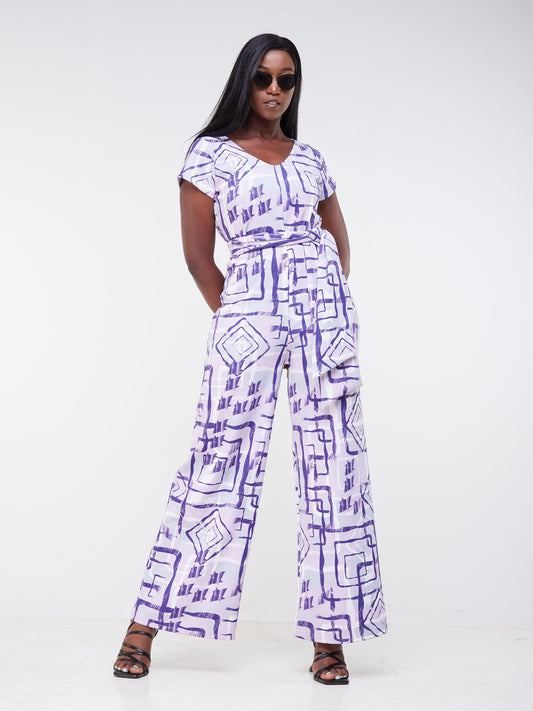 Vivo Tuni Short Sleeved Jumpsuit - Purple / Grey Abstract Print