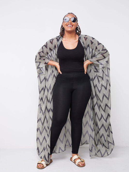 Vivo Muna Chiffon Kimono - Black / Off White Geometric Print