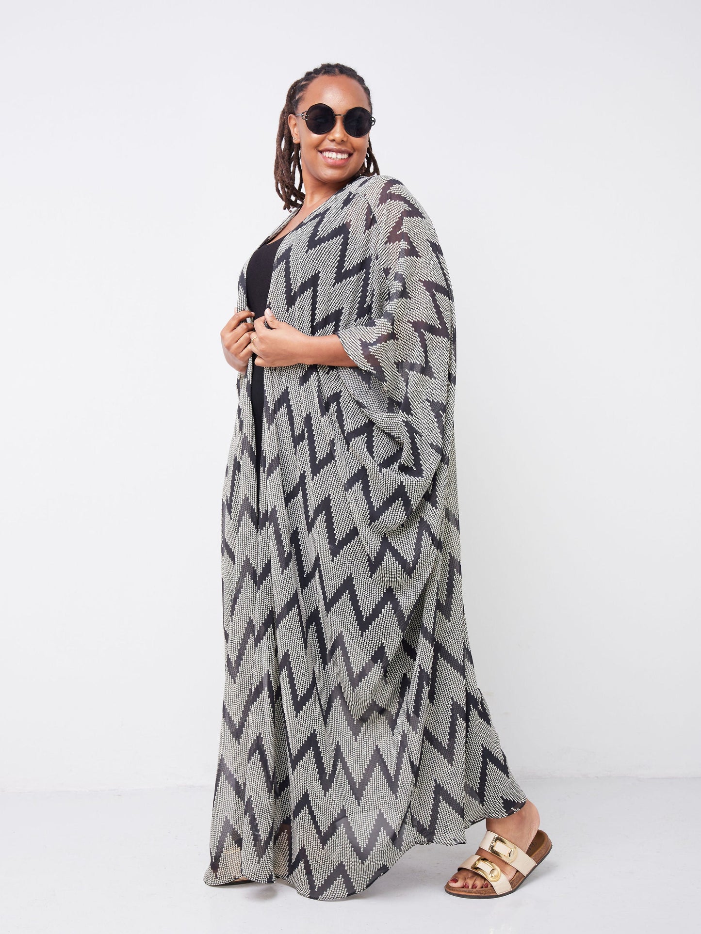 Vivo Muna Chiffon Kimono - Black / Off White Geometric Print