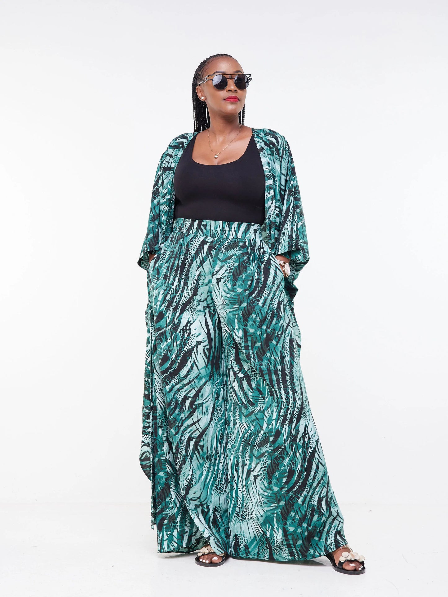 Vivo Malindi Crepe Palazzo Pants  - Black / Dark Green Abstract Print