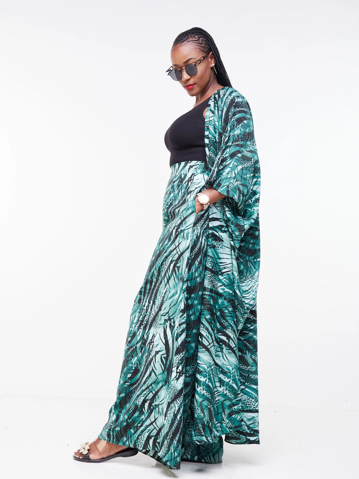 Vivo Malindi Crepe Palazzo Pants  - Black / Dark Green Abstract Print