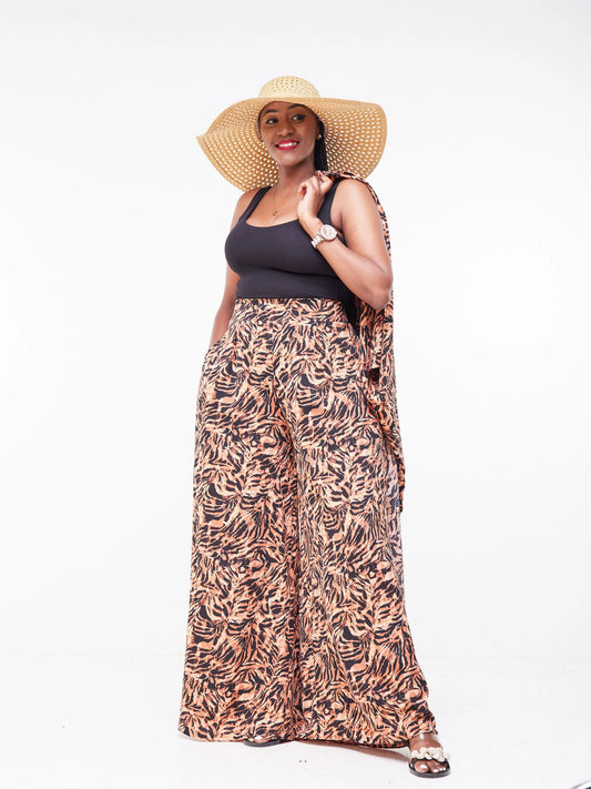 Vivo Malindi Crepe Palazzo Pants  - Black / Brown Animal Print