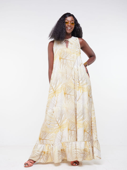 Vivo Malindi  Sleeveless Maxi Dress (JK) - Gold / White Tropical Floral Print
