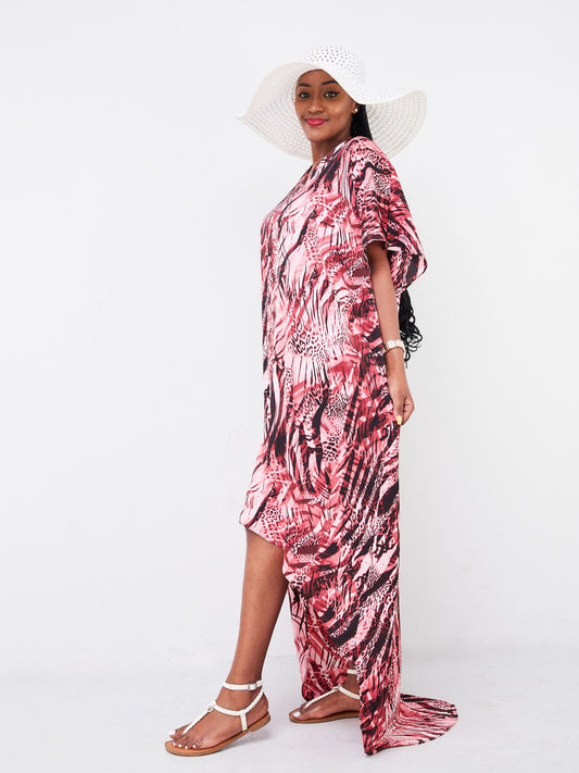 Vivo Malindi Panelled High Low Dress - Maroon / Black Animal Print