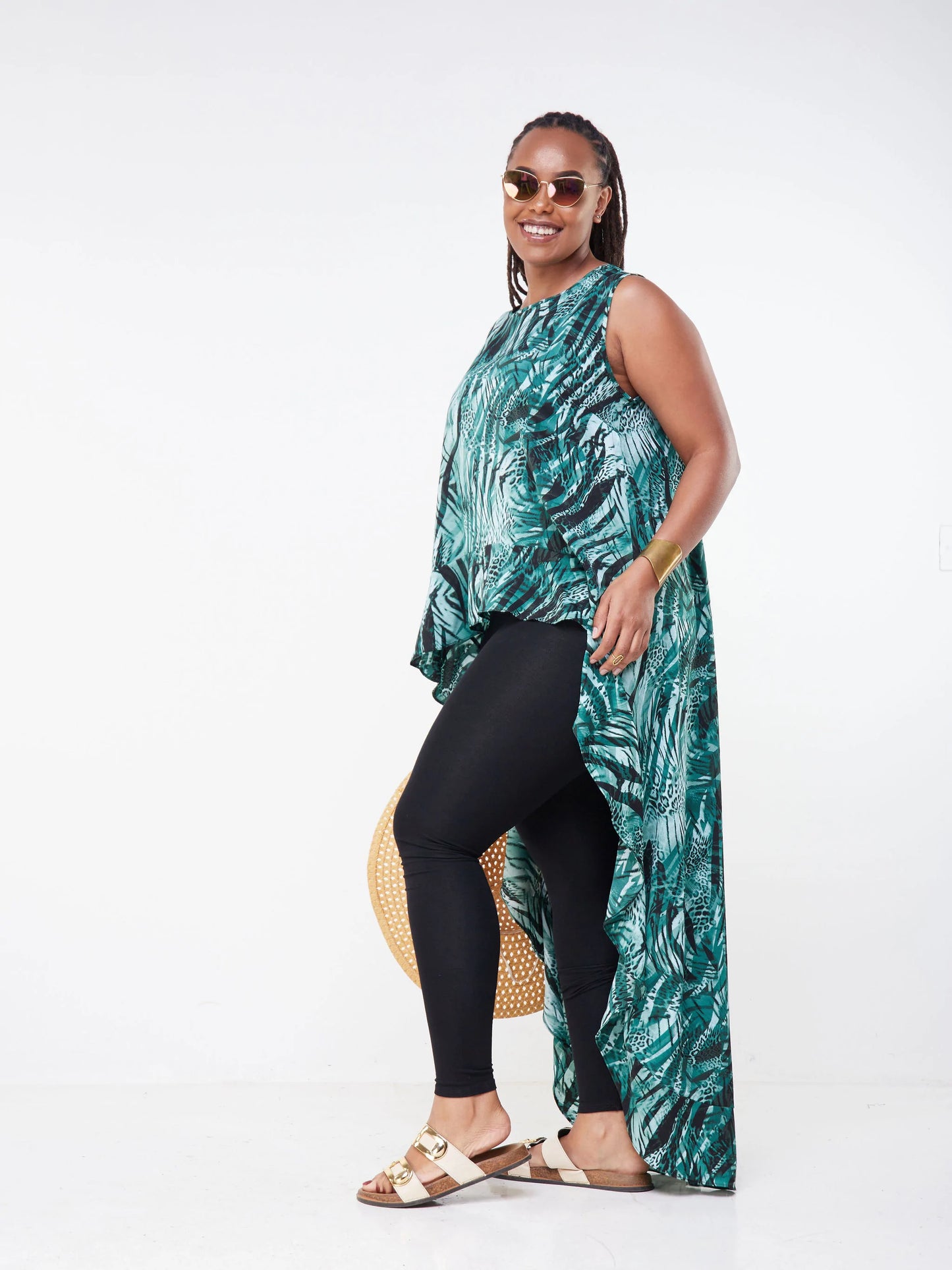 Vivo Malindi Flounce High Low Maxi Top - Green / Black Abstract Print