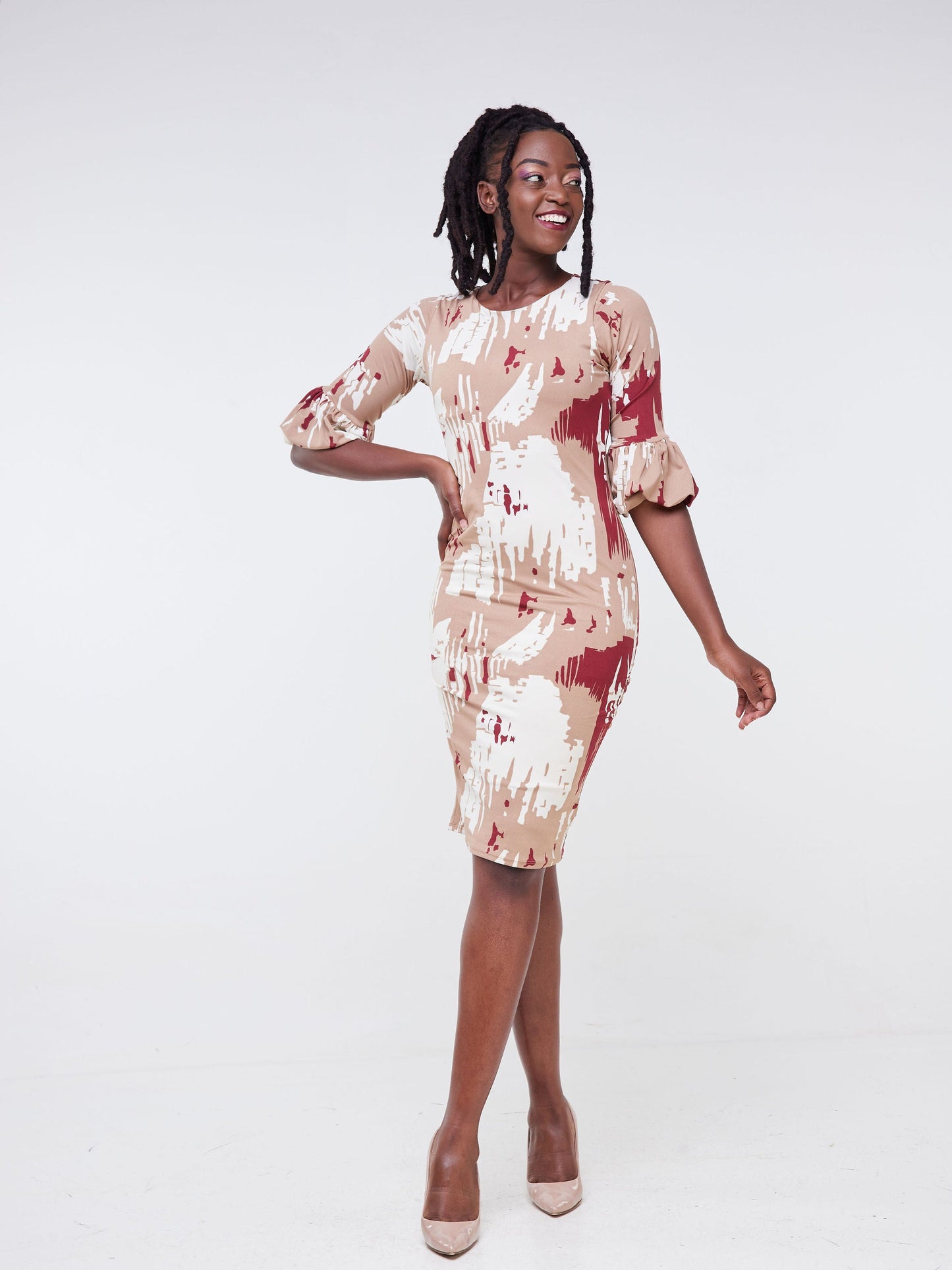 Vivo Basic Puff Sleeved Bodycon - Burgundy / Taupe Abstract Print