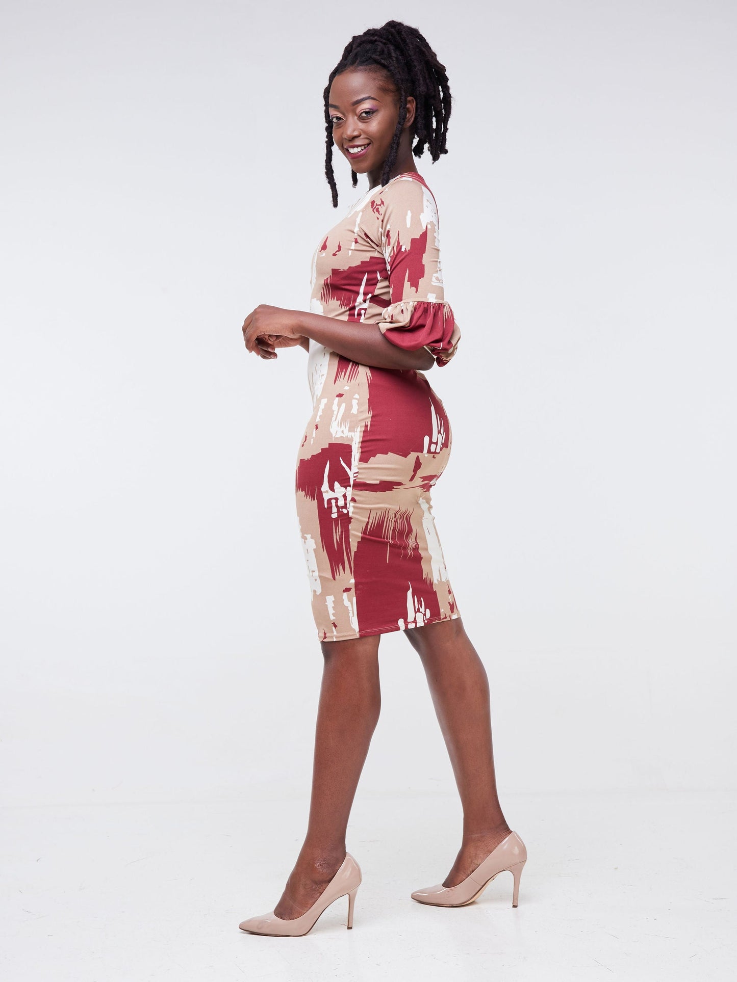 Vivo Basic Puff Sleeved Bodycon - Burgundy / Taupe Abstract Print