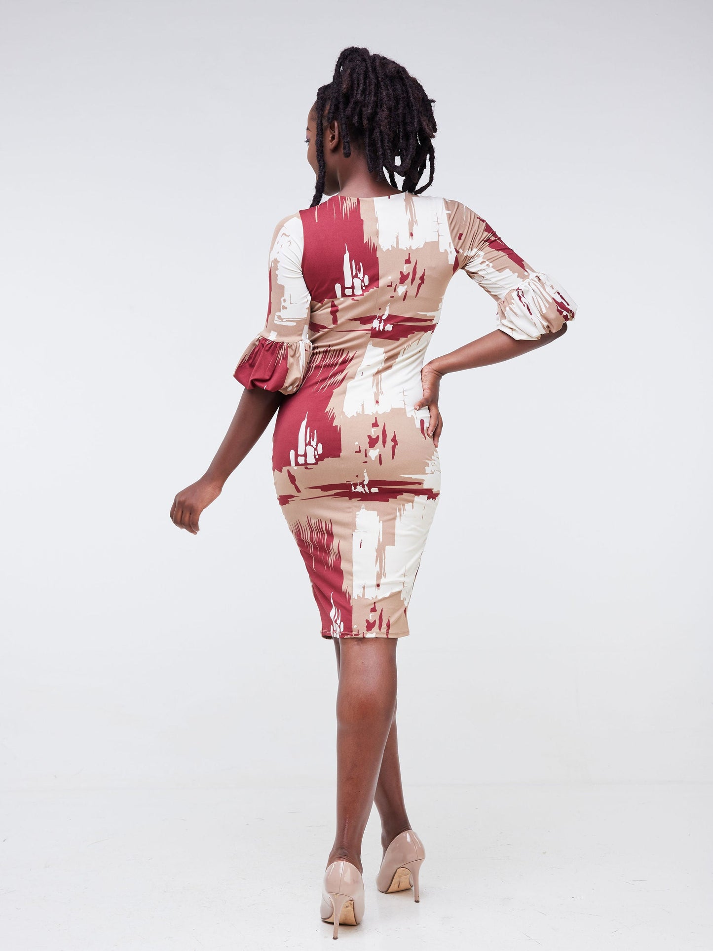 Vivo Basic Puff Sleeved Bodycon - Burgundy / Taupe Abstract Print