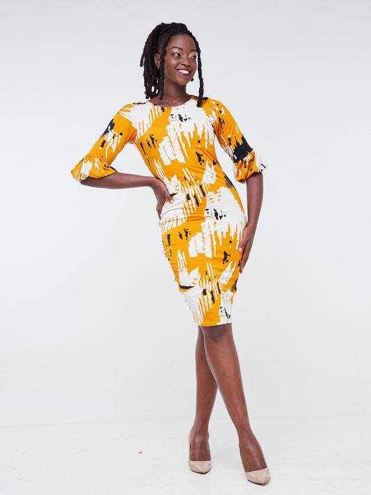 Vivo Basic Puff Sleeved Bodycon - Mustard / Black Abstract Print