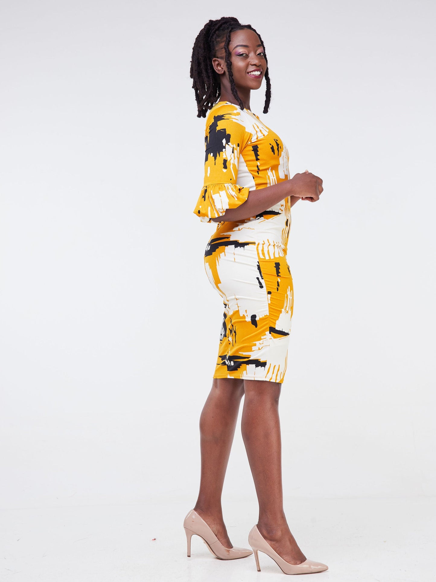 Vivo Basic Puff Sleeved Bodycon - Mustard / Black Abstract Print