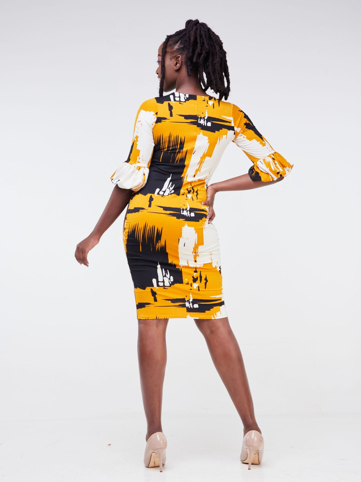 Vivo Basic Puff Sleeved Bodycon - Mustard / Black Abstract Print