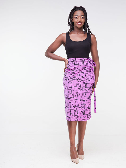 Vivo Fahari Wrap Pencil Skirt - Light Purple Geometric Print