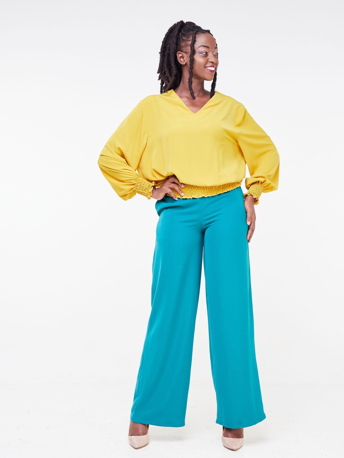 Vivo Fahari V-Neck Shirred Top - Mustard