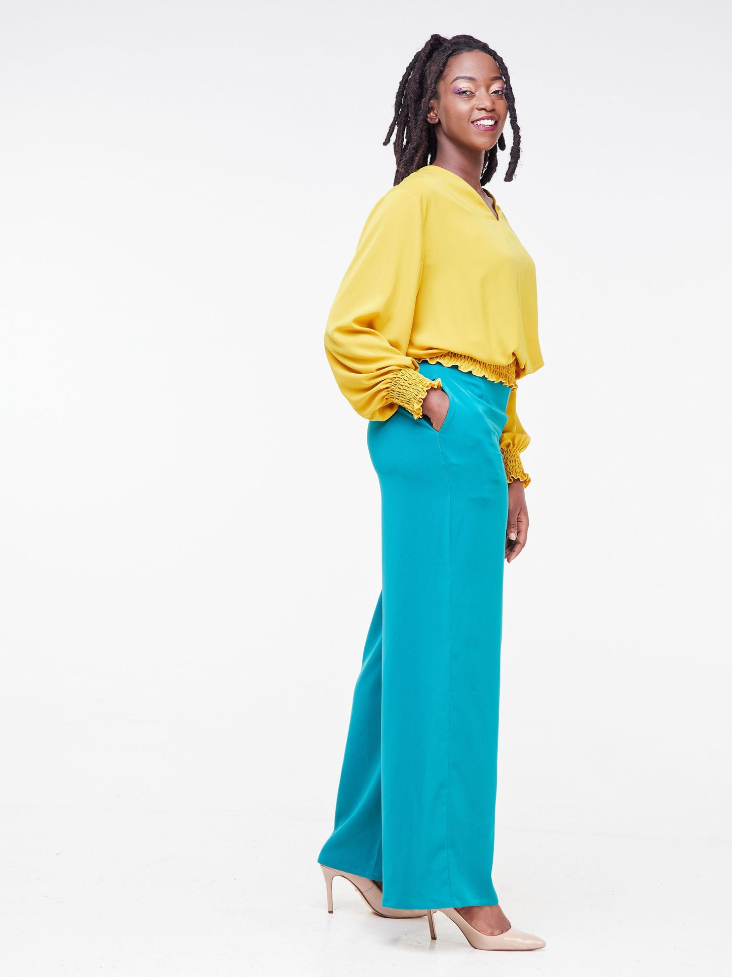 Vivo Fahari V-Neck Shirred Top - Mustard