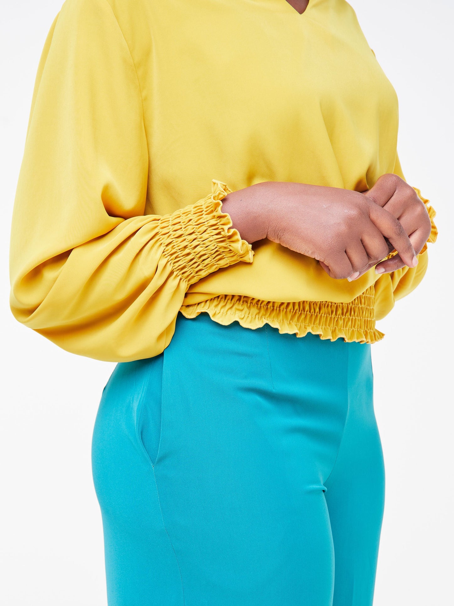 Vivo Fahari V-Neck Shirred Top - Mustard
