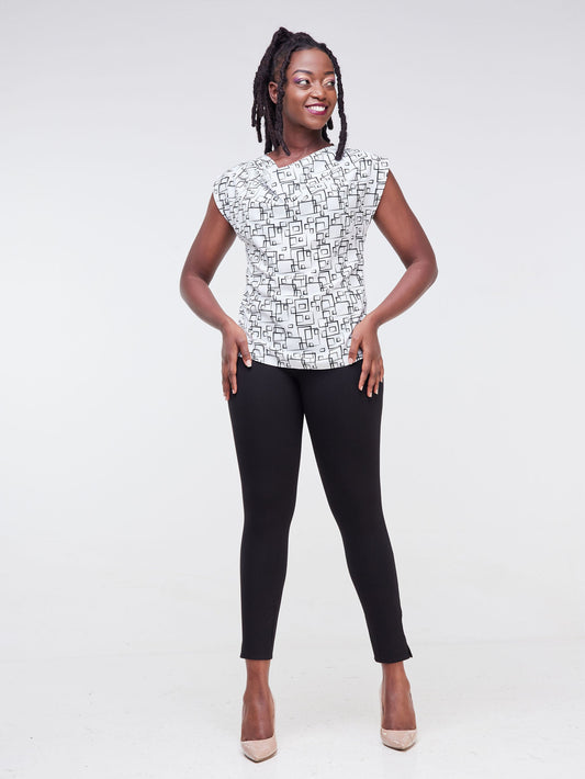 Vivo Fahari Drop Shoulder Cowl Top - White / Black Print
