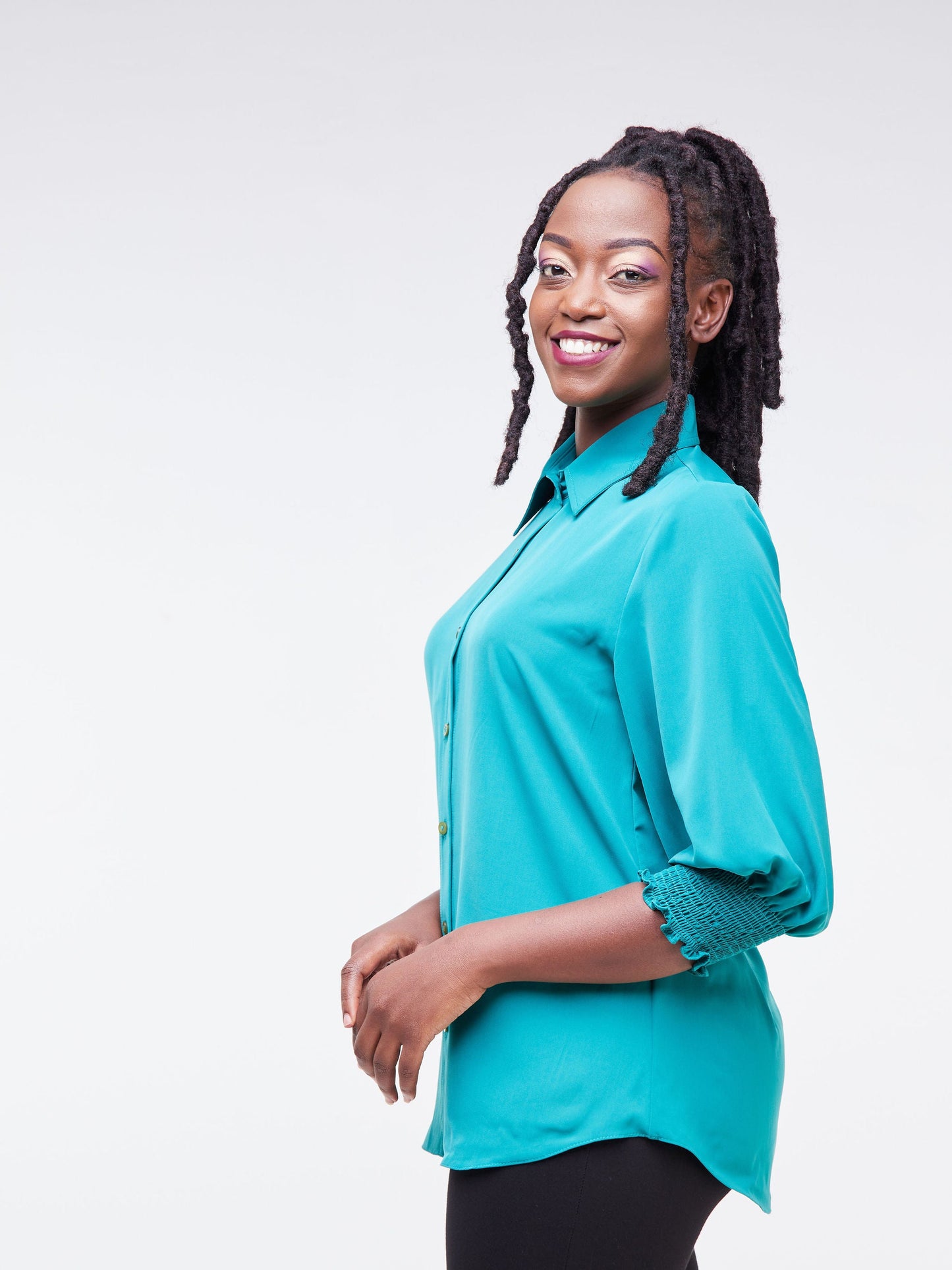 Vivo Fahari 3/4 Sleeve Shirred Shirt - Teal