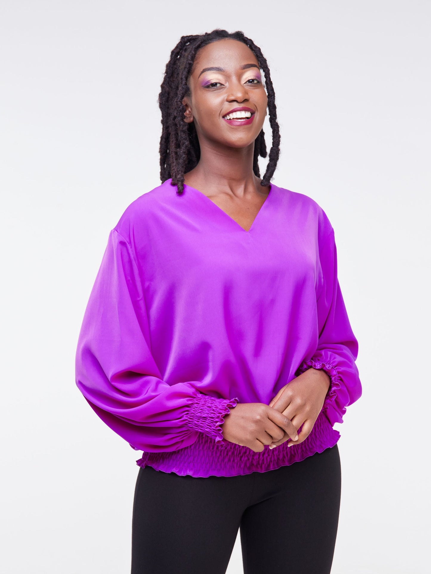 Vivo Fahari V-Neck Shirred Top - Purple