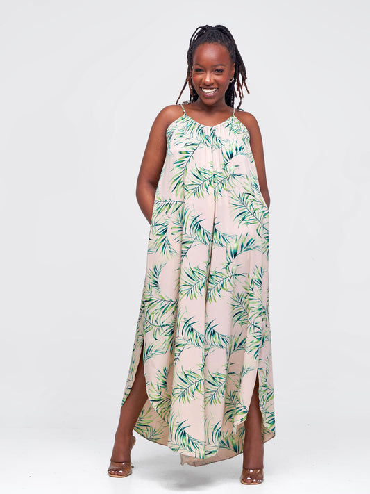 Vivo Maisha Strappy Culotte Jumpsuit - Taupe / Green Leaf Print