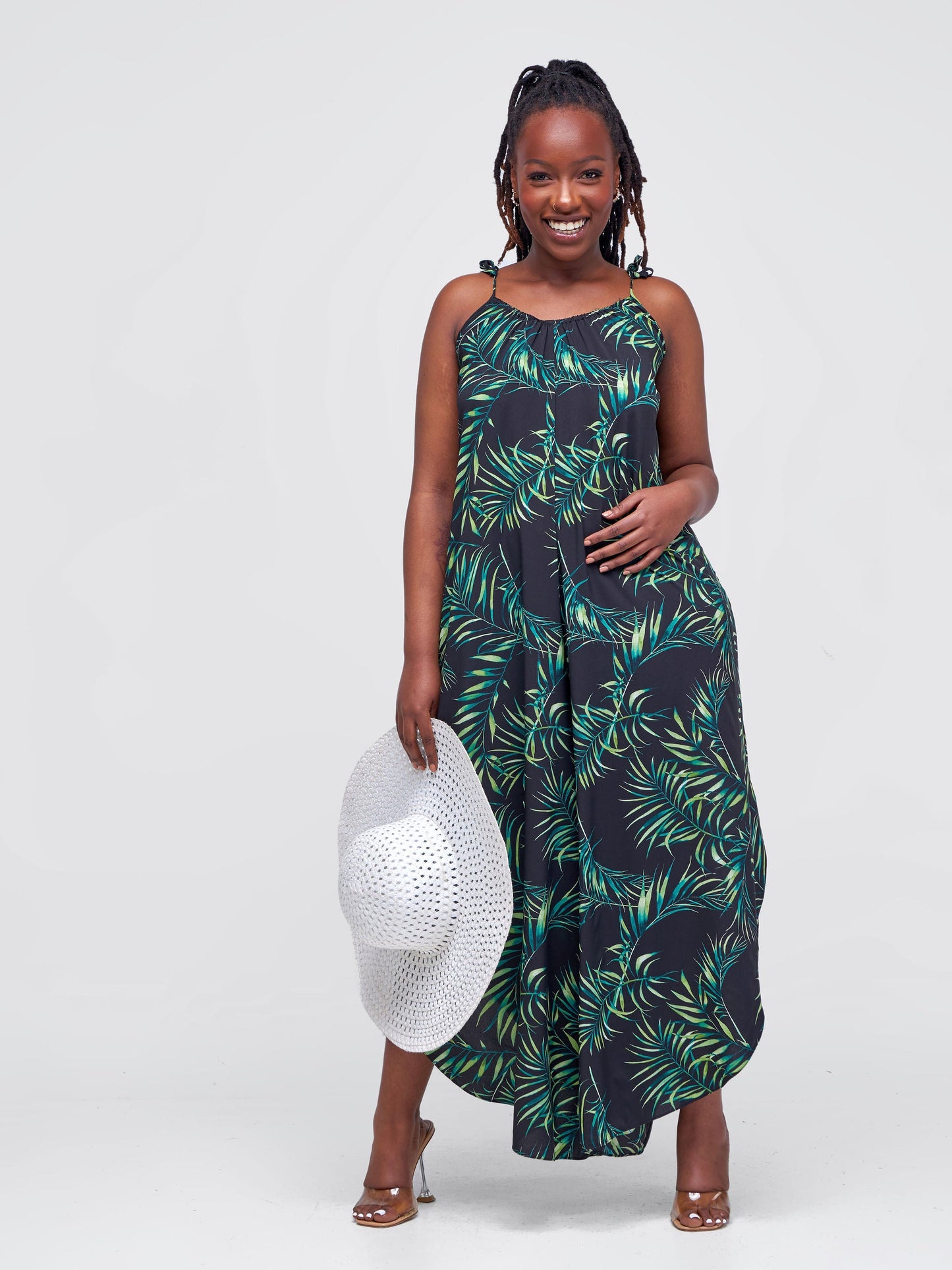 Vivo Maisha Strappy Culotte Jumpsuit - Black / Green Leaf Print