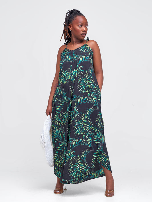 Vivo Maisha Strappy Culotte Jumpsuit - Black / Green Leaf Print