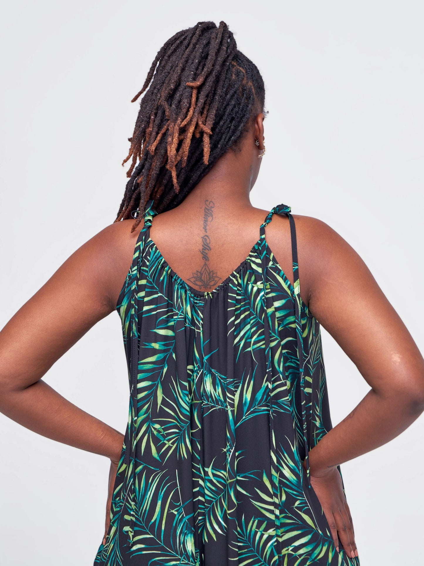 Vivo Maisha Strappy Culotte Jumpsuit - Black / Green Leaf Print