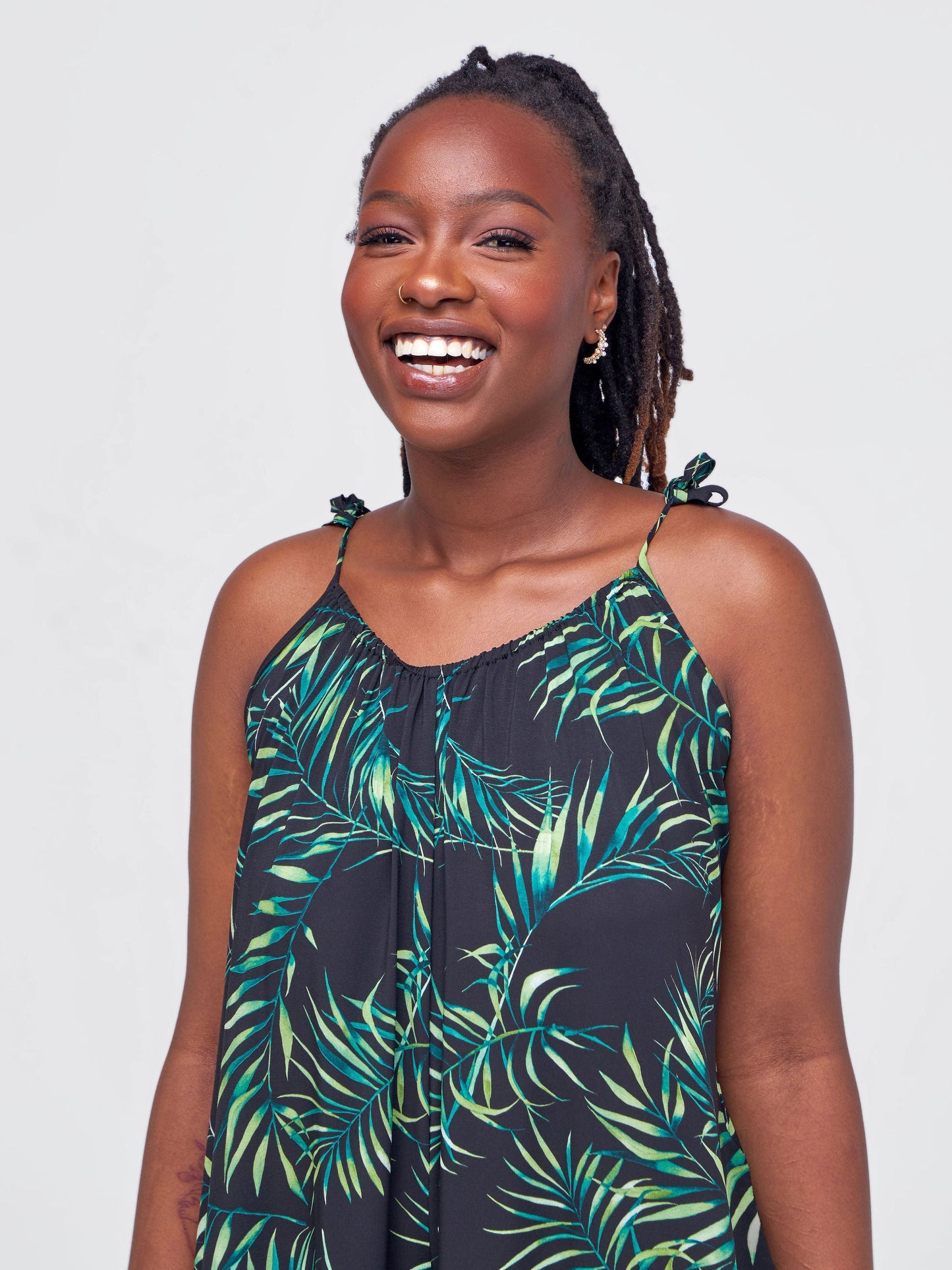 Vivo Maisha Strappy Culotte Jumpsuit - Black / Green Leaf Print