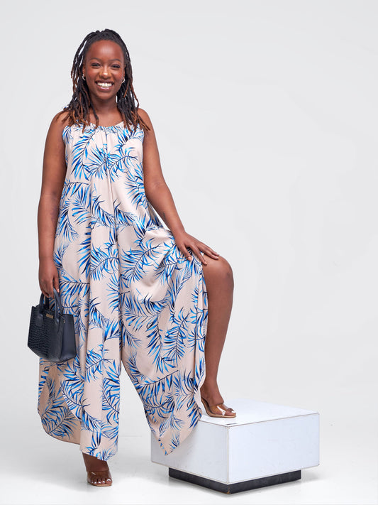 Vivo Maisha Strappy Culotte Jumpsuit - Taupe / Blue Leaf Print