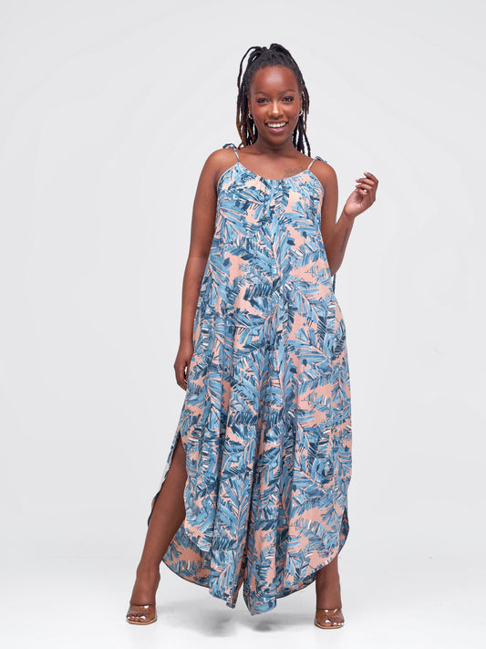 Vivo Maisha Strappy Culotte Jumpsuit - Brown / Dark Teal Abstract Print