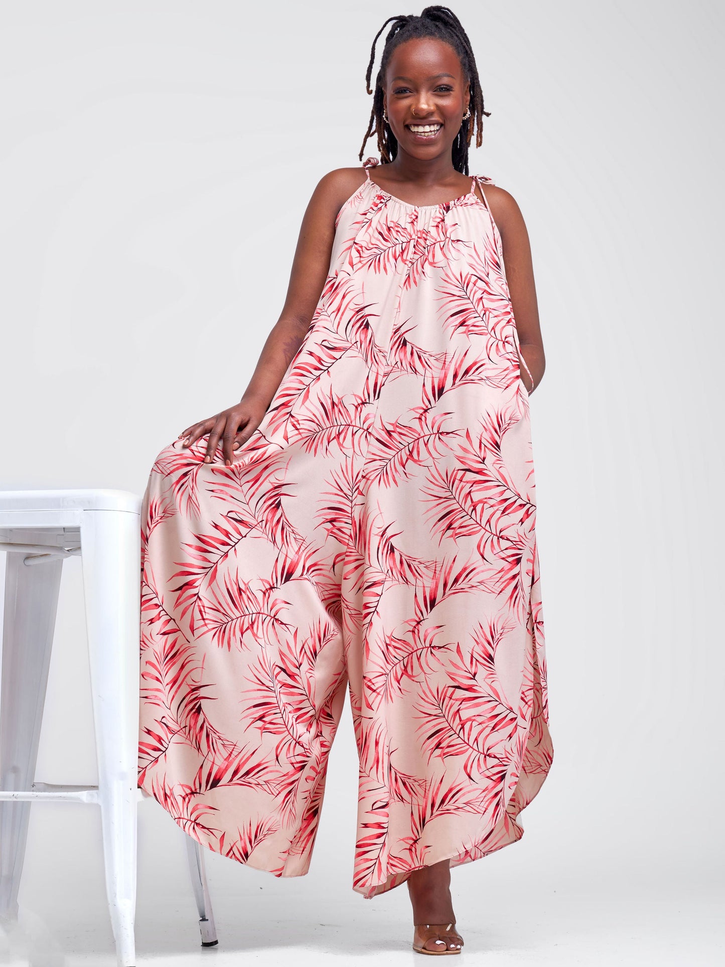 Vivo Maisha Strappy Culotte Jumpsuit - Taupe / Red Leaf Print