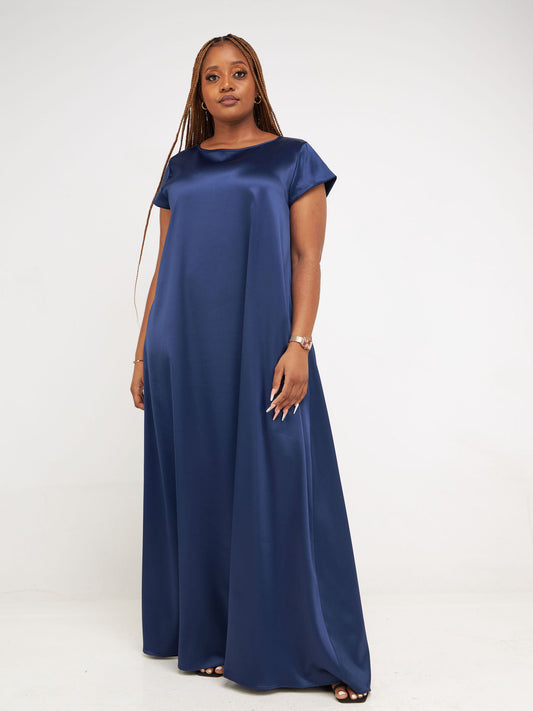 Vivo Basic Satin Cap Sleeve Maxi Dress - Navy