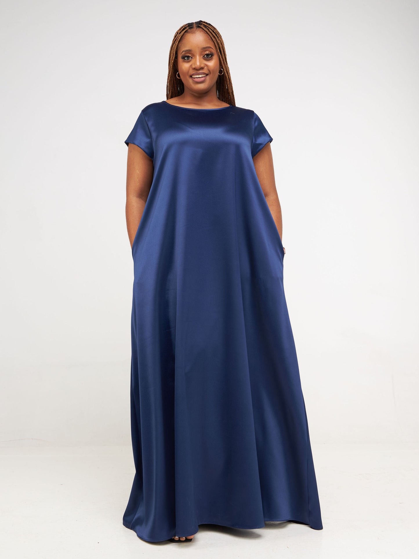 Vivo Basic Satin Cap Sleeve Maxi Dress - Navy