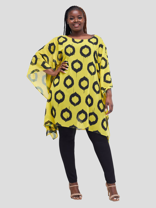 Vivo Basic Destiny Chiffon Top - Mustard / Black Circular Abstract Print