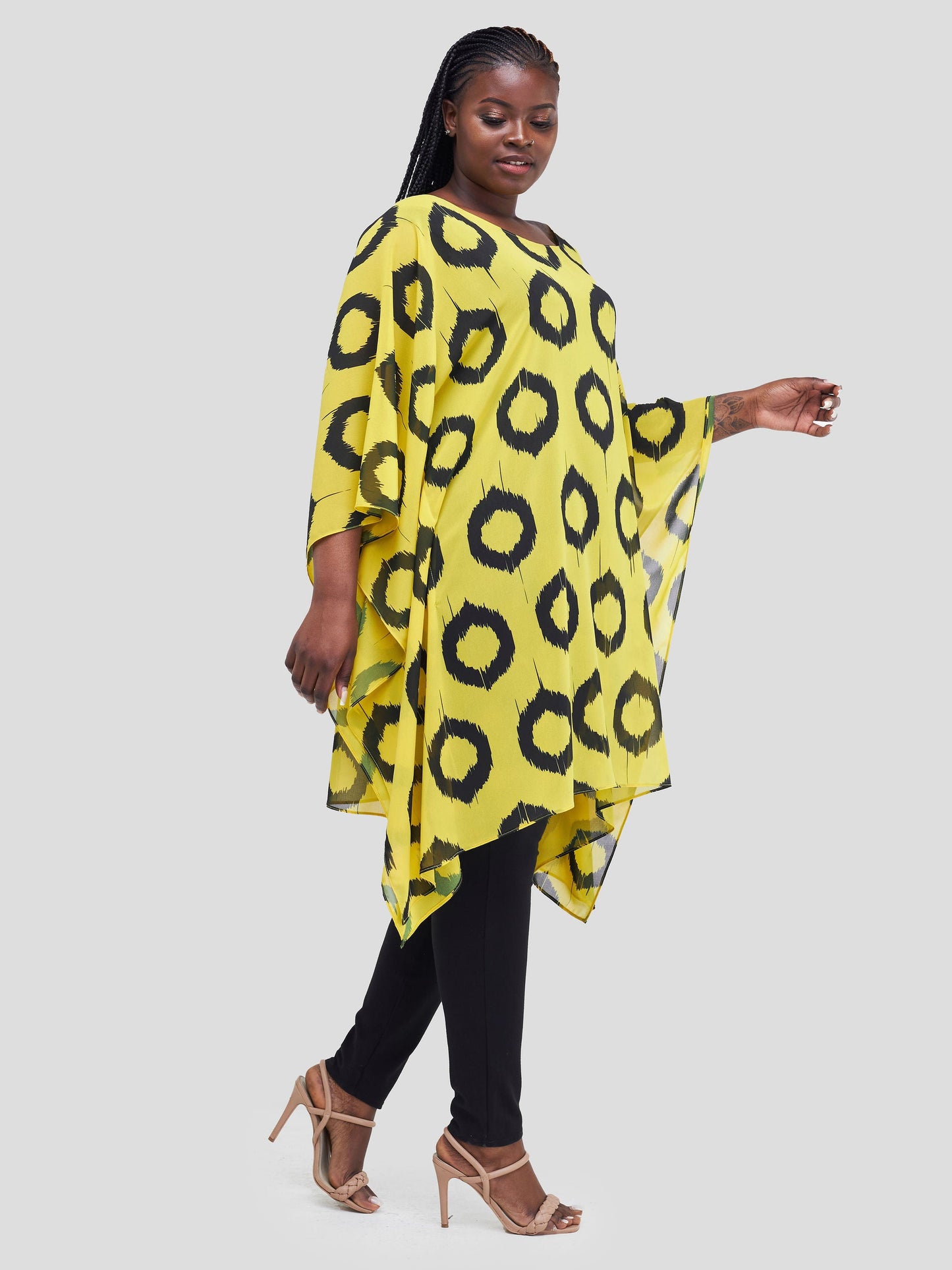 Vivo Basic Destiny Chiffon Top - Mustard / Black Circular Abstract Print