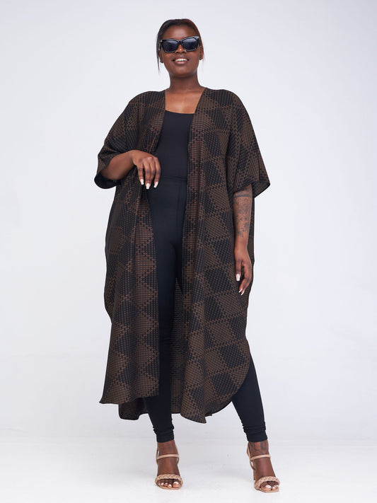 Vivo Basic Open Kaftan - Black / Gold Geometric Print