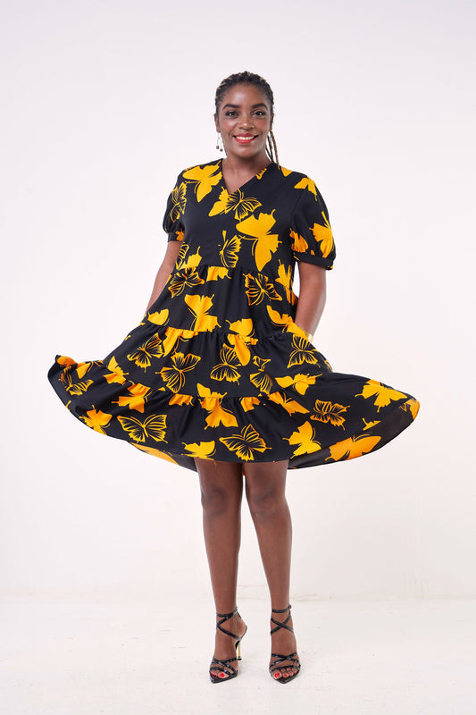 Vivo Wingu Three Tiered Knee Length Dress - Orange / Black Floral Print