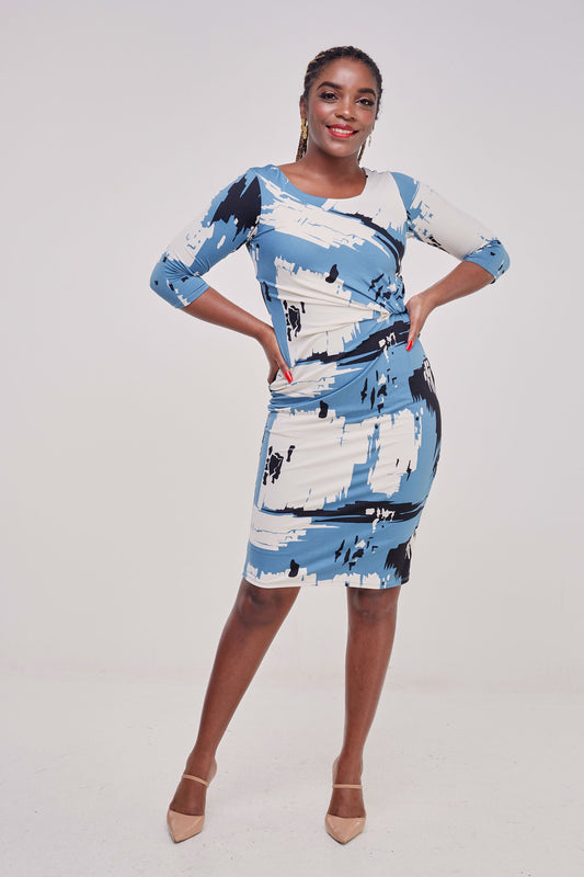 Vivo Basic Side Twist Knee Length Dress - Light Blue / White Abstract Print