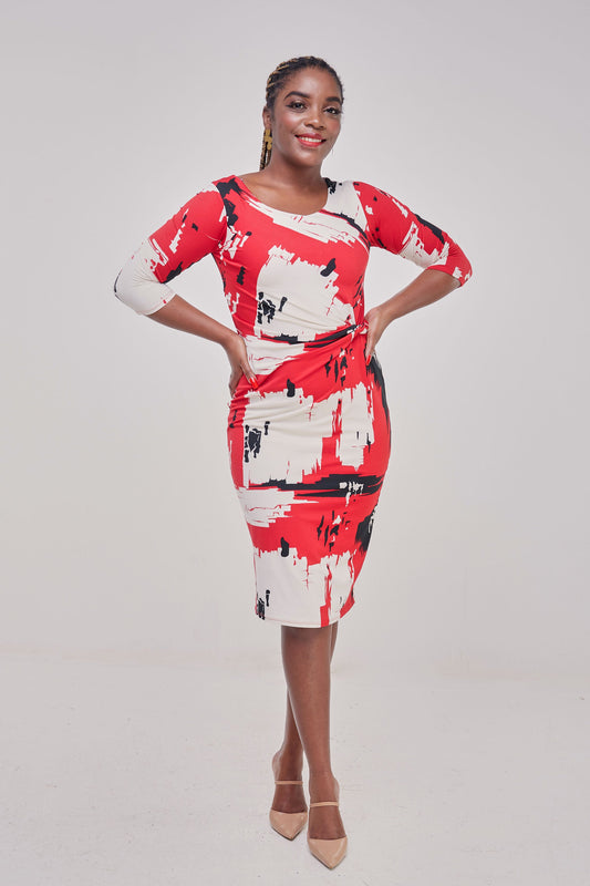 Vivo Basic Side Twist Knee Length Dress - Red / Black Abstract Print