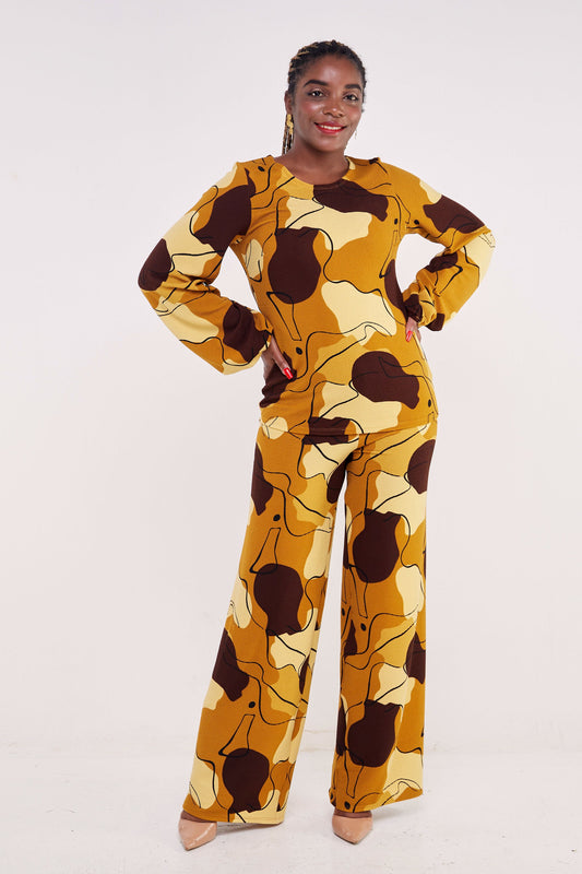 Vivo Basic Palazzo Pants  - Mustard / Brown Abstract Print