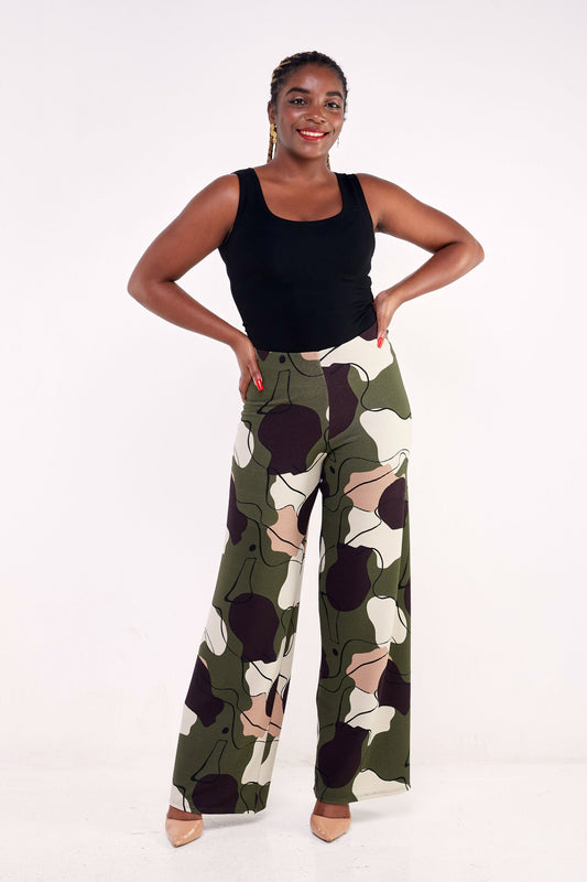 Vivo Basic Palazzo Pants  - Hunters Green / Black Abstract Print