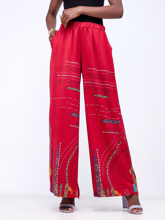 Zoya Brave Wide Leg Pants - Orange / Red Abstract Print